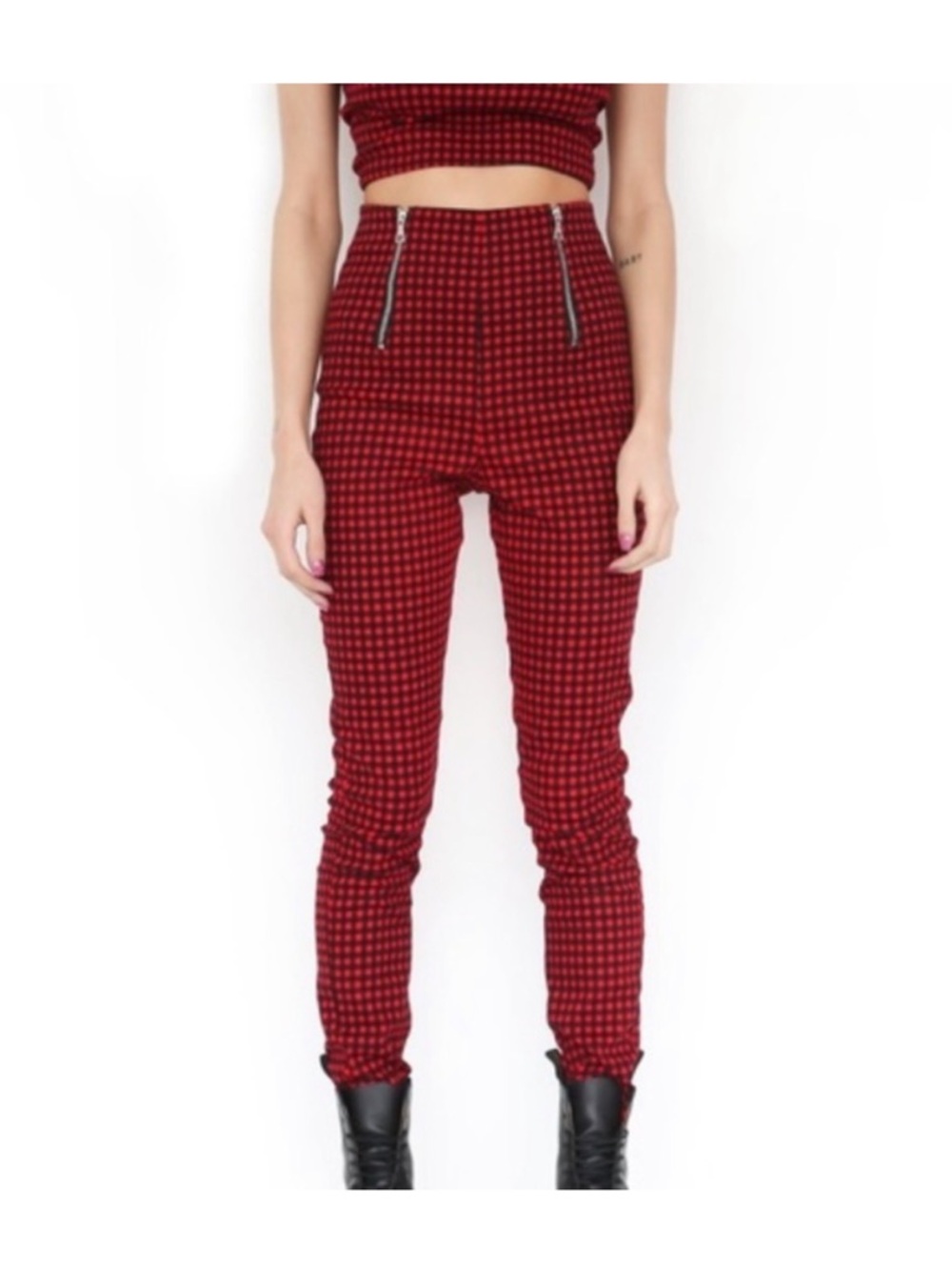 I.AM.GIA Red Checked High-Waist Skinny Pants with Front Zips